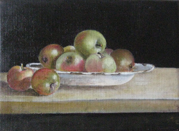 Appels op schaal, olieverf op linnen 18x13 cm