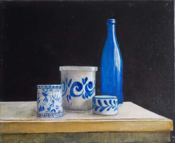 Potjes en fles, olieverf op linnen 30x24 cm